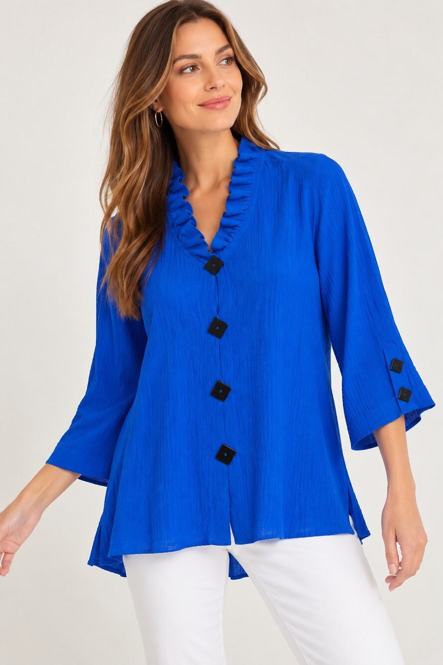 Ali Miles 1X Cobalt Blue Ruffle Tunic Top Black Buttons 3/4 Sleeve NWT